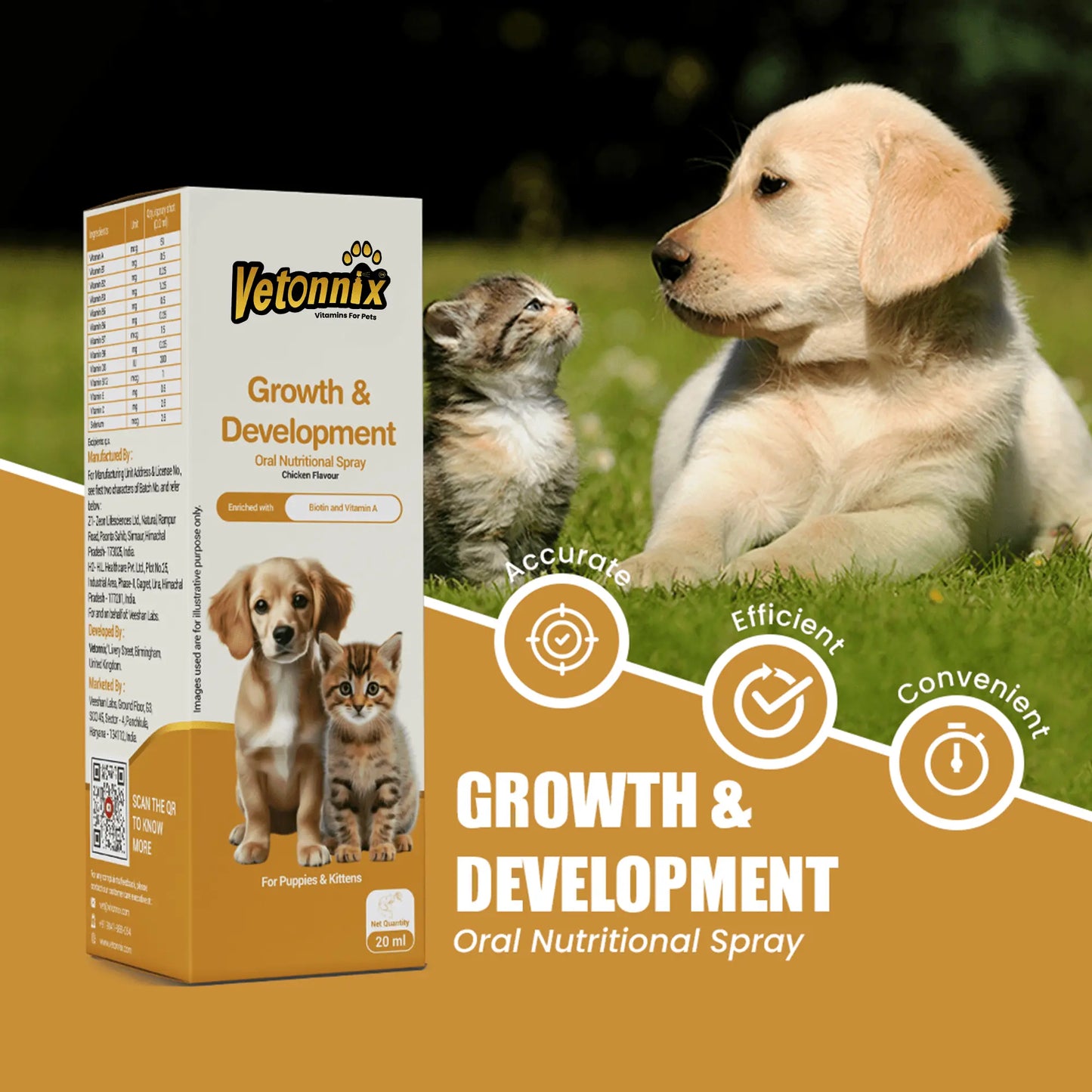Vetonnix Growth & Development Oral Nutritional Spray for Puppies & Kittens - 20ml
